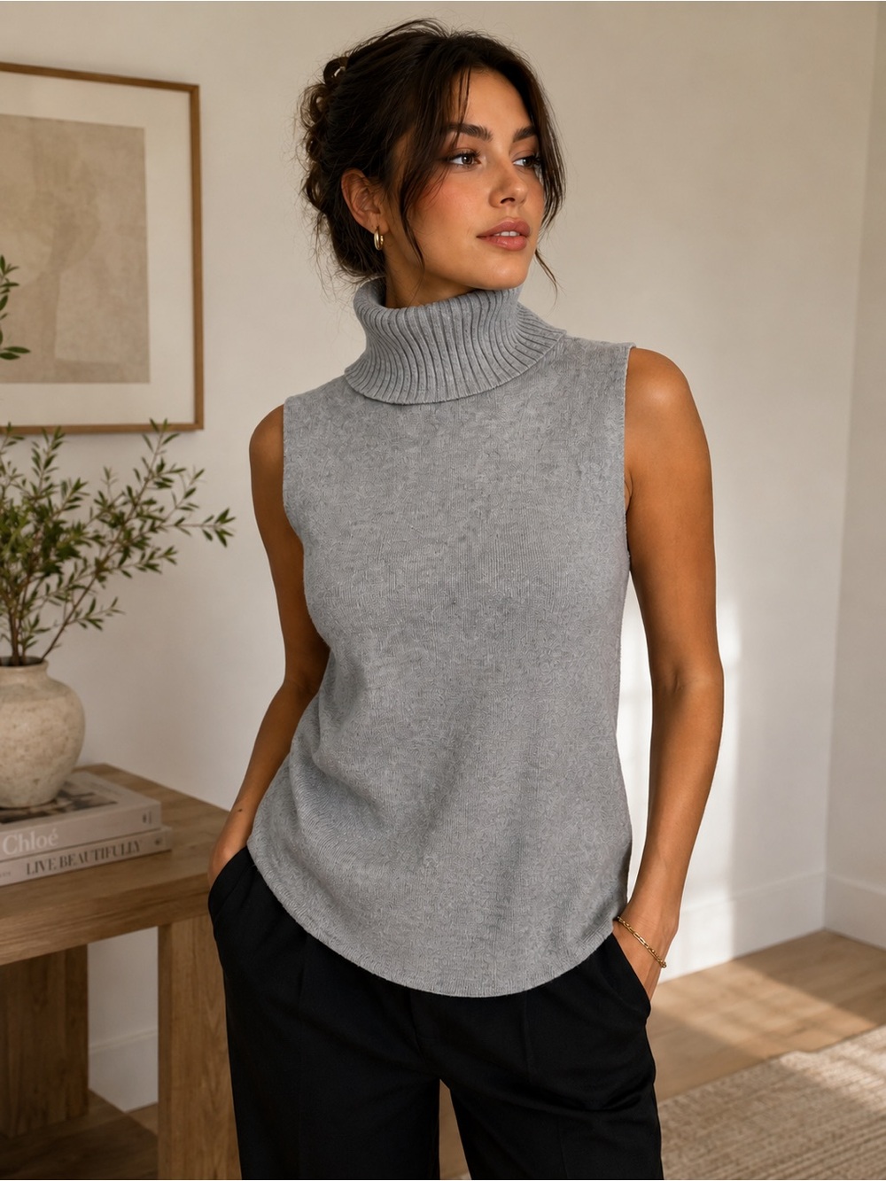 Zara Sleeveless Turtleneck Sweater - Gray